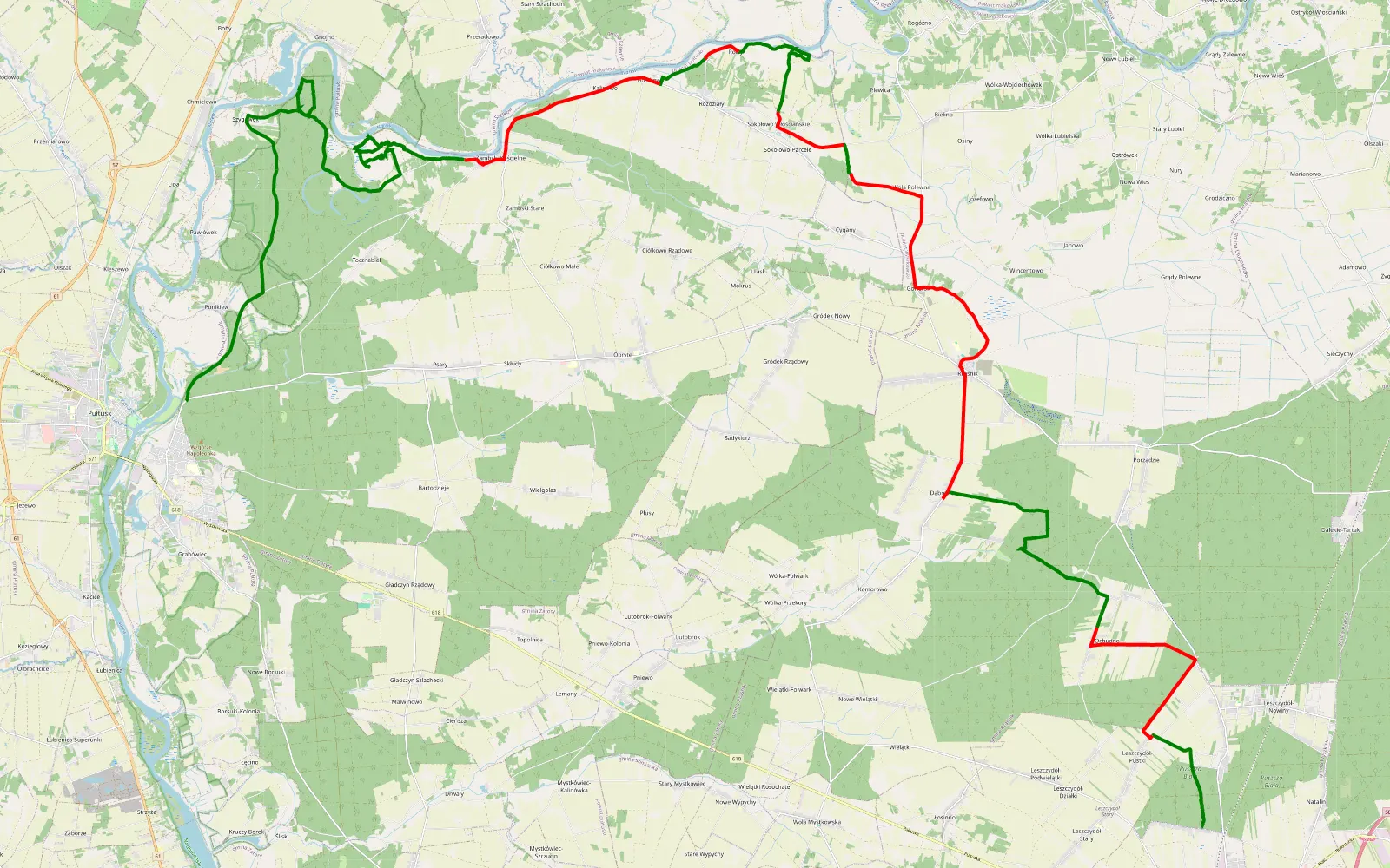 Mapa trasy Od Wyszkowa do Narwi wzdłuż Narwi do Pultuska - 55.5 km trasy offroad, Powiat Pułtuski