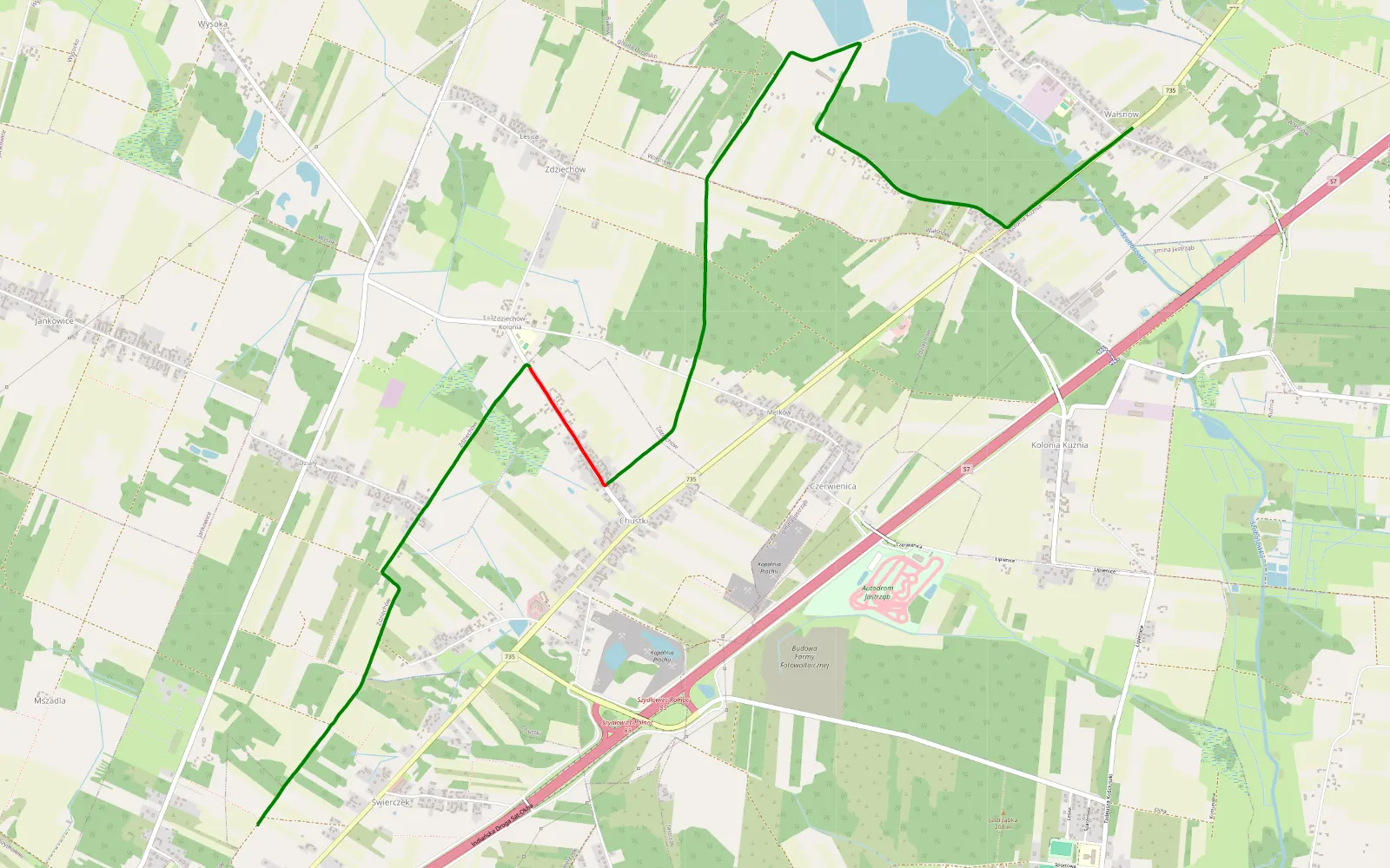Mapa trasy Świerczek - Wałsnów - 6.9 km trasy offroad, Powiat Szydłowiecki