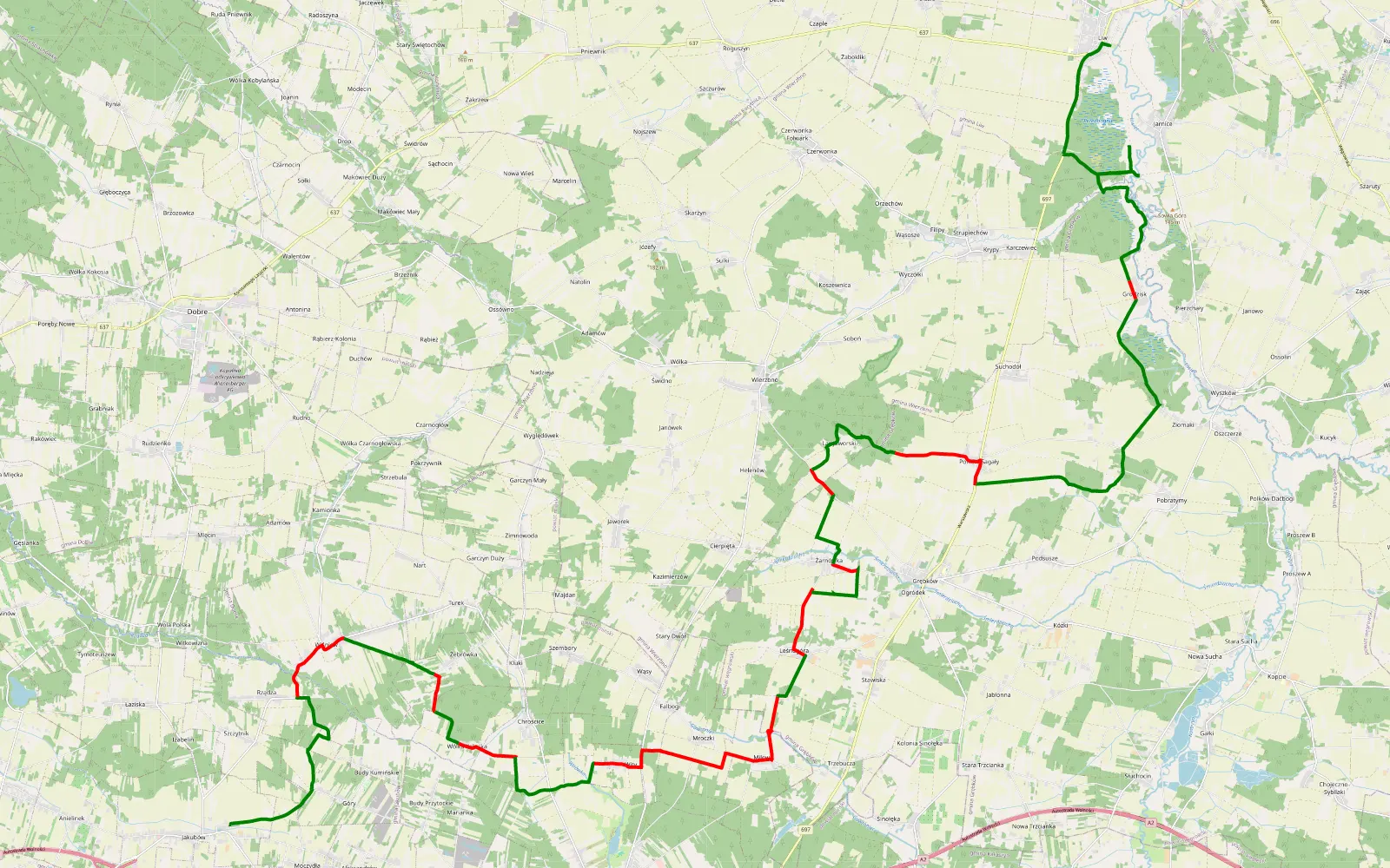 Mapa trasy Jakubów - Gmina Liw z objazdem łąk - 48.5 km trasy offroad, Powiat Węgrowski