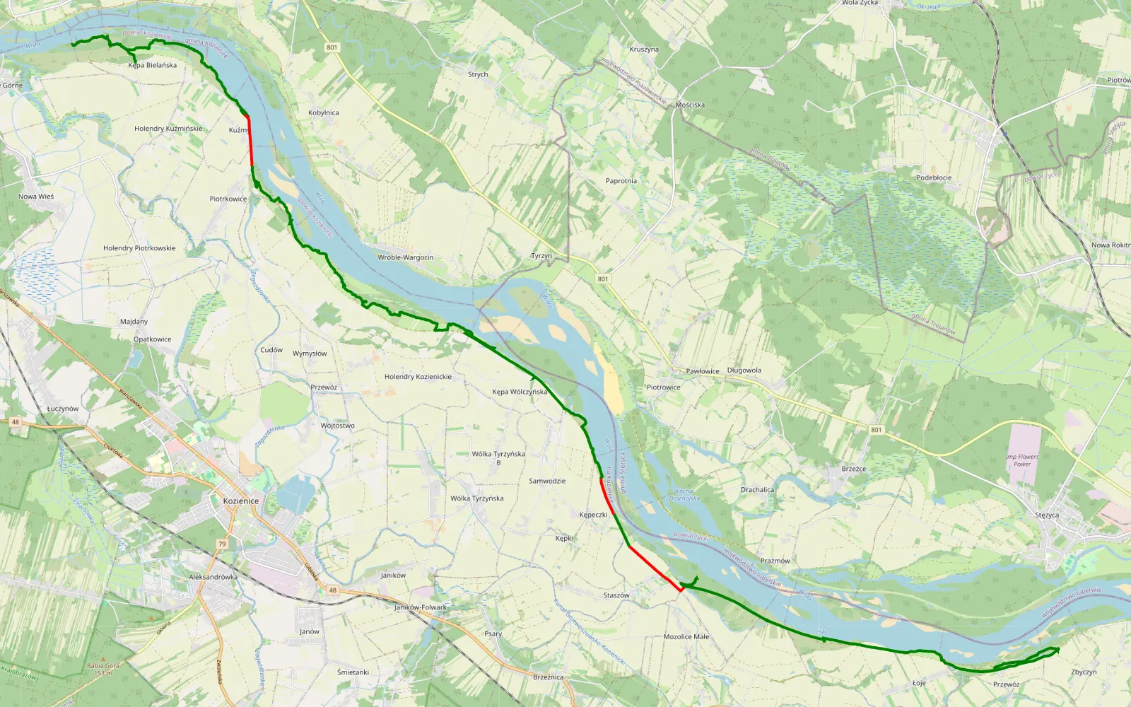 Mapa trasy Bladowo świerzy górnych po Dęblin - 34.3 km trasy offroad, Powiat Kozienicki