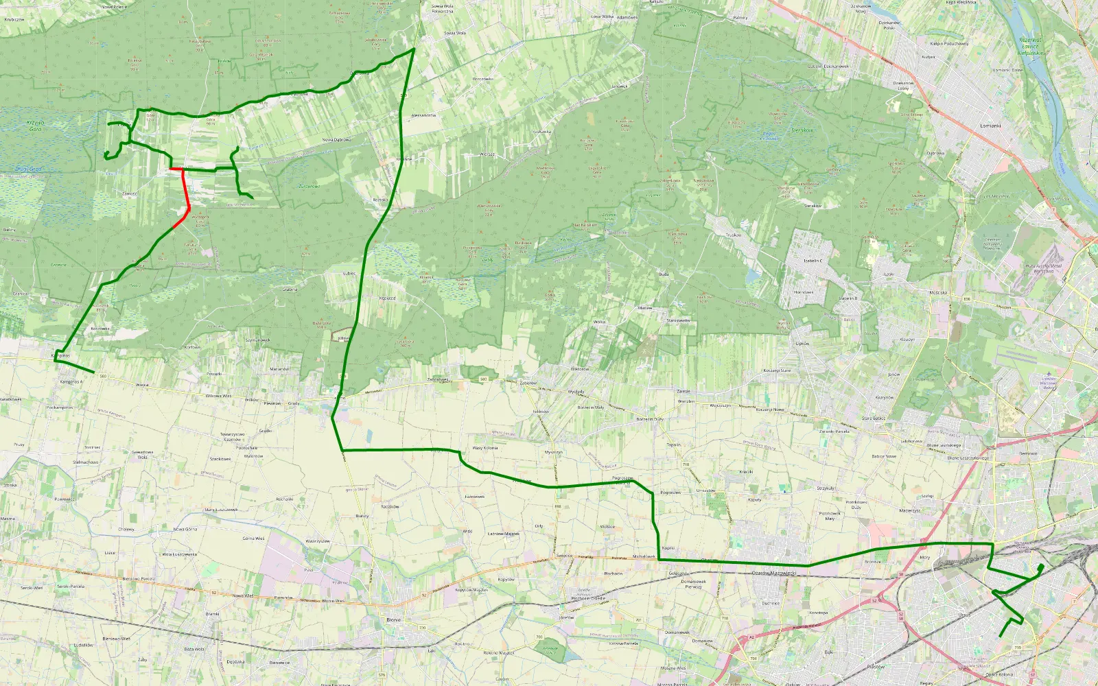 Mapa trasy Kampinos - 21.2 km trasy offroad, Powiat Nowodworski