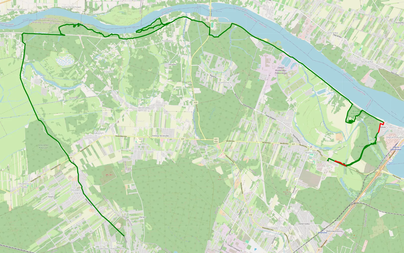 Mapa trasy Wieliszew - Dąbrowa Chotomowska - 24.6 km trasy offroad, Powiat Legionowski