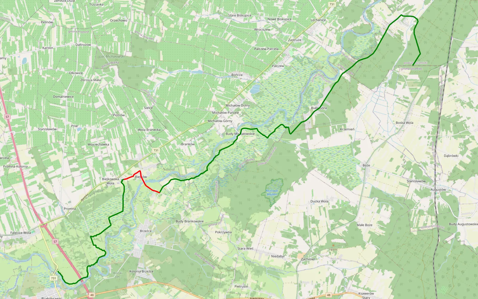 Map of Białobrzegi - Budy Grzegorzewskie - 17.5 km offroad trail, Białobrzegi County