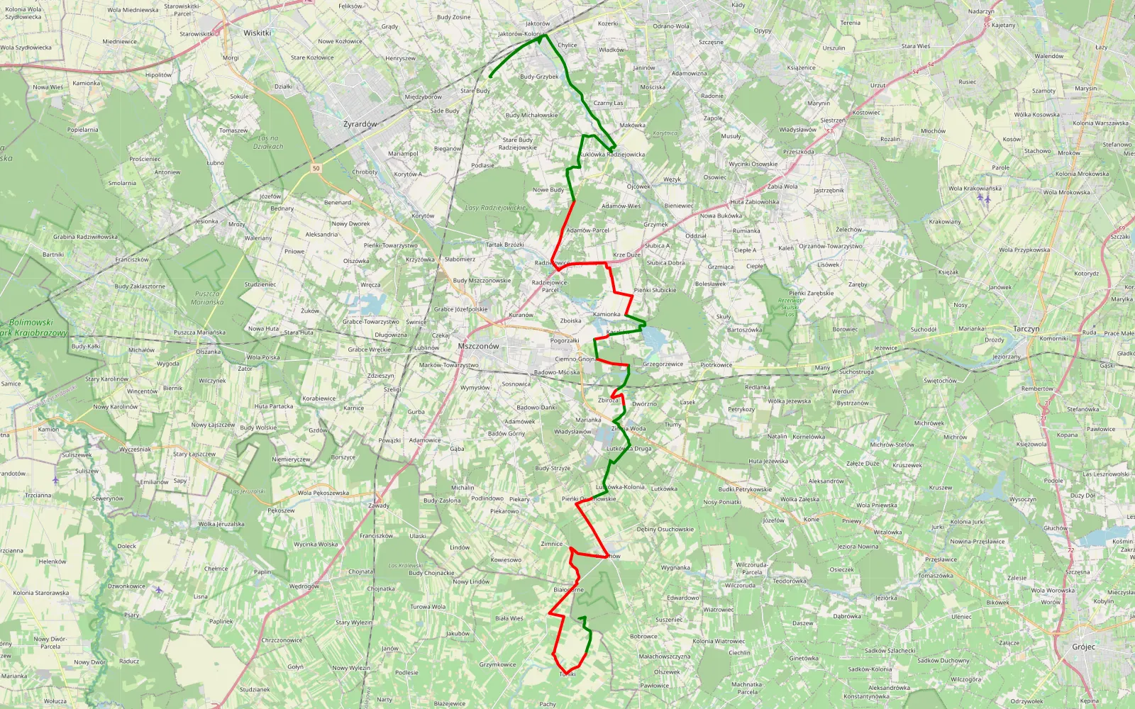 Mapa trasy Białogórne - Chylice-Kolonia - 38.3 km trasy offroad, Powiat Żyrardowski