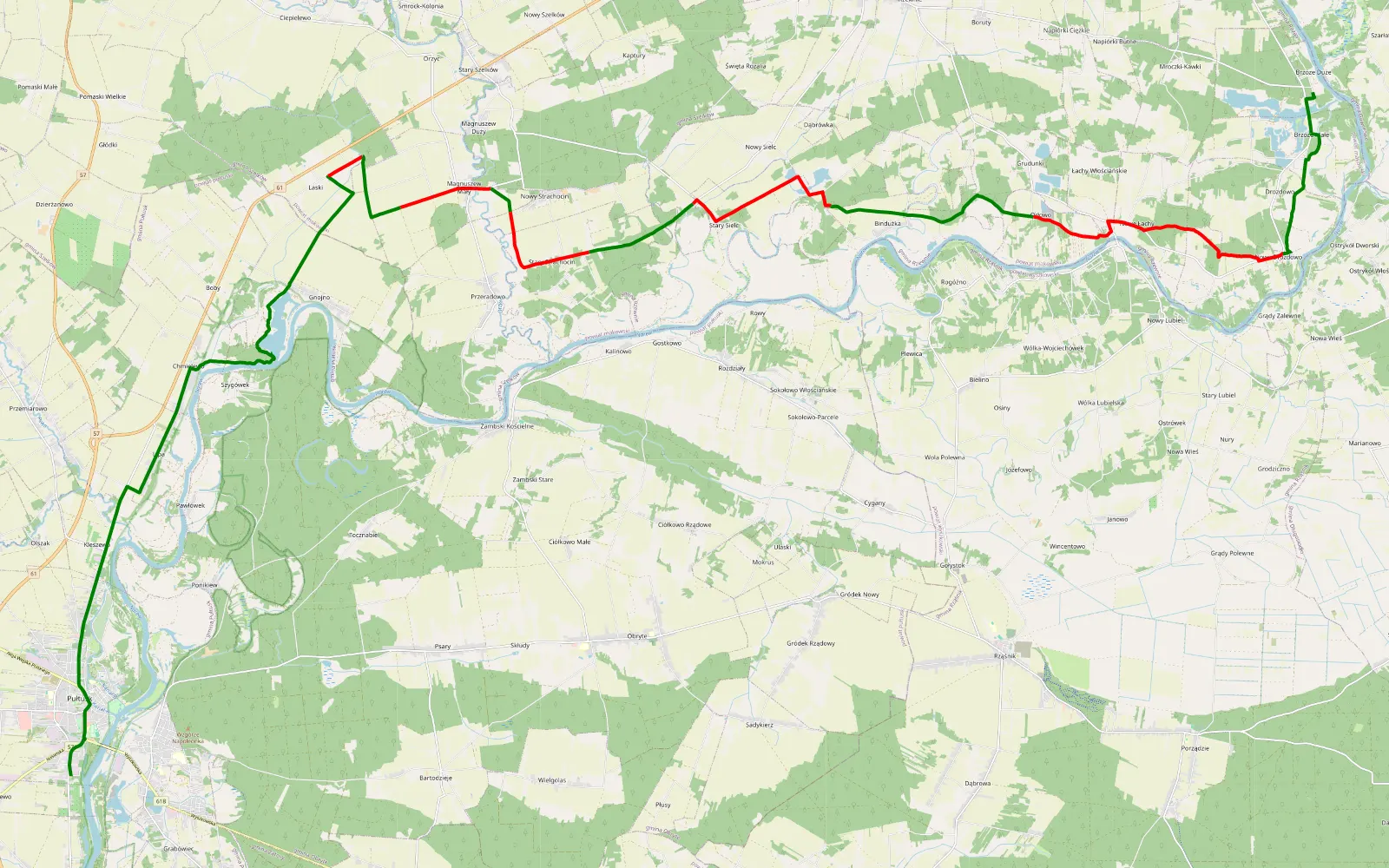 Mapa trasy Pułtusk - Brzóze Duże - 34.8 km trasy offroad, Powiat Makowski