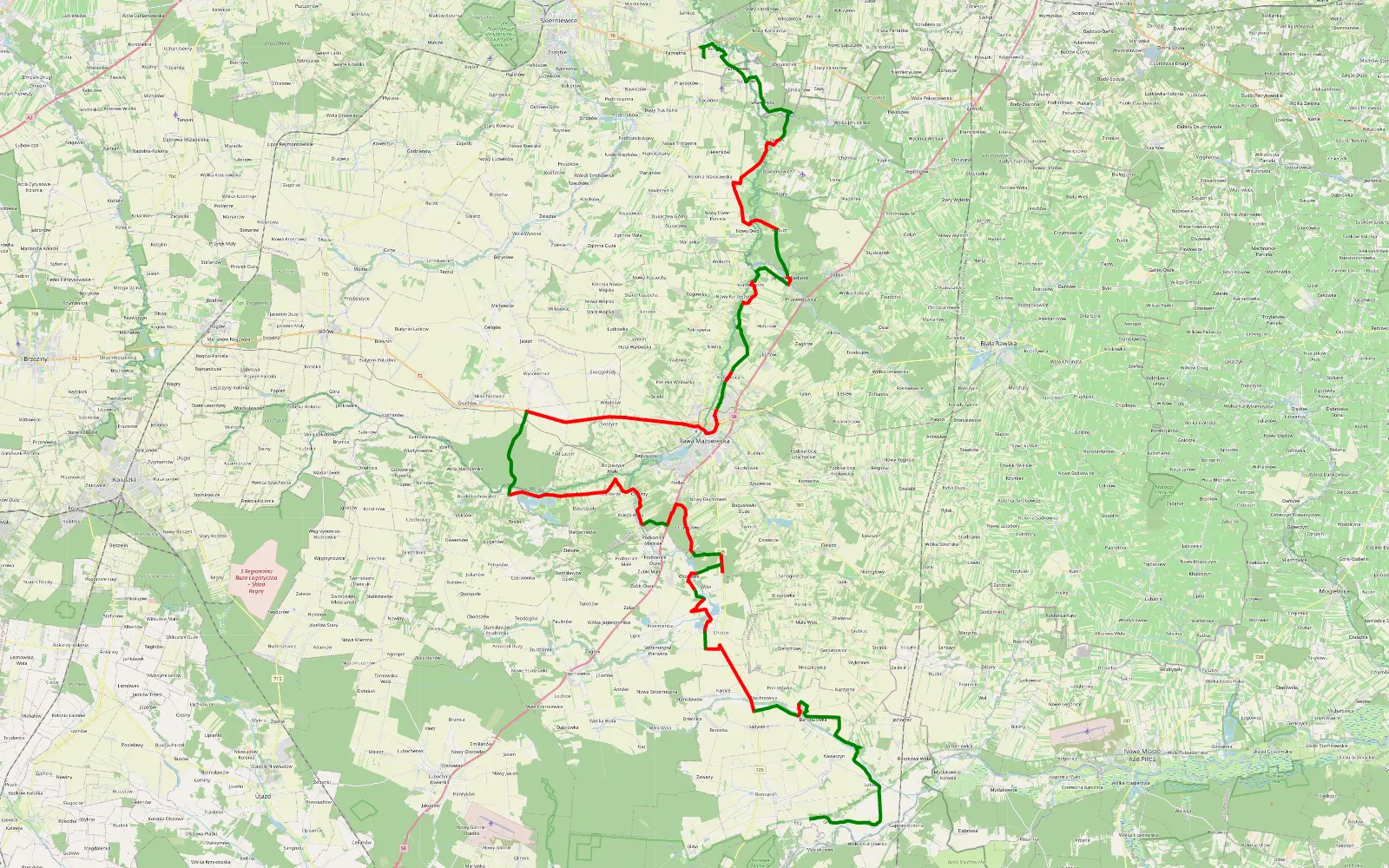 Mapa trasy Kamion - Brzeziny - 75.9 km trasy offroad, Powiat Rawski
