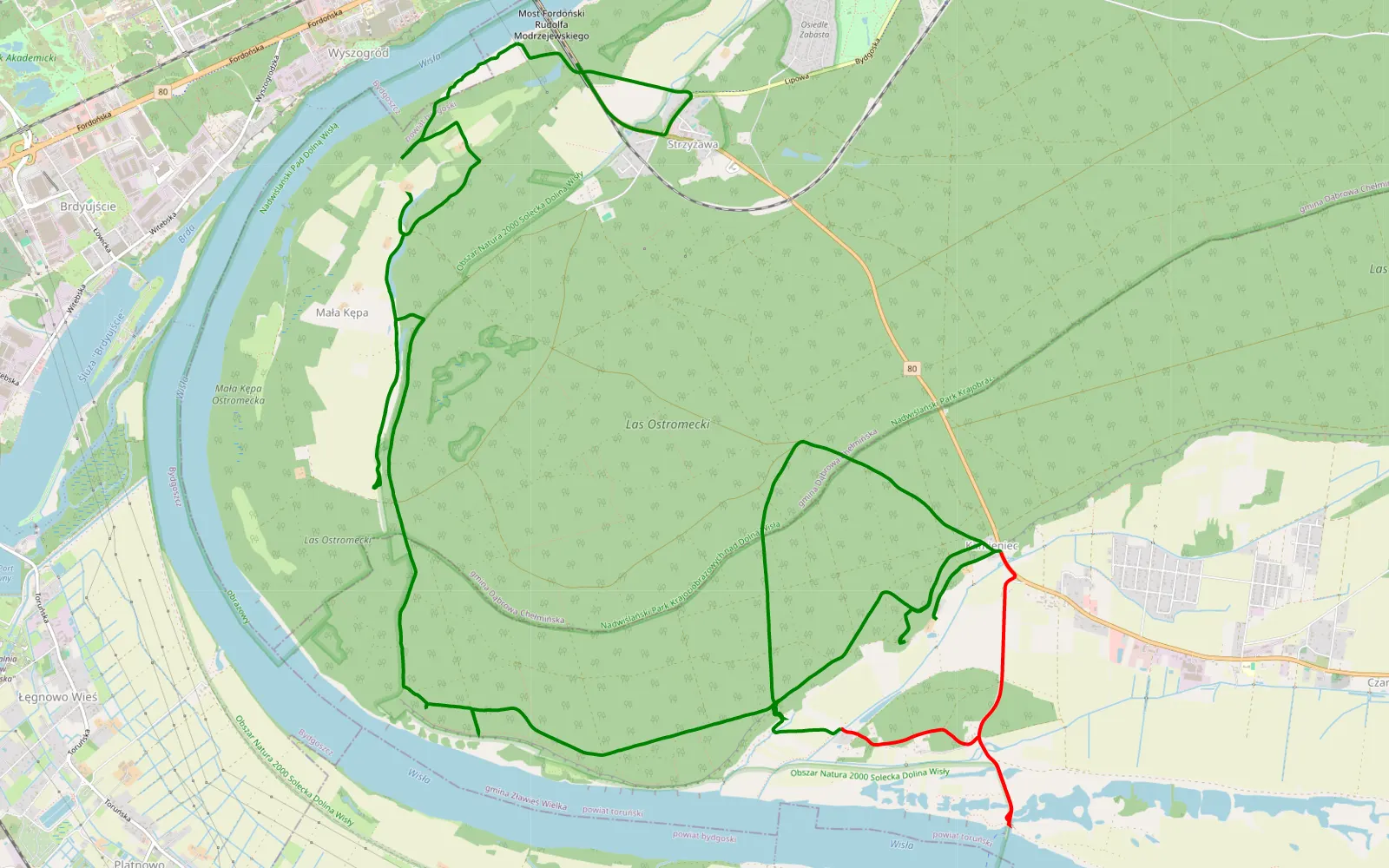 Mapa trasy Fordon - Prom (pozamykane trasy przez leśniczego) - 25.4 km trasy offroad, Powiat Toruński
