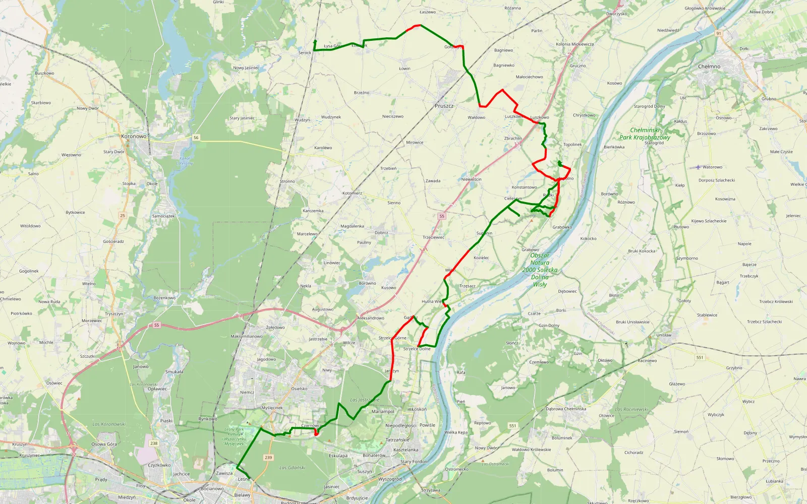 Map of Leśne - Serock - 63.8 km offroad trail, Świecie County