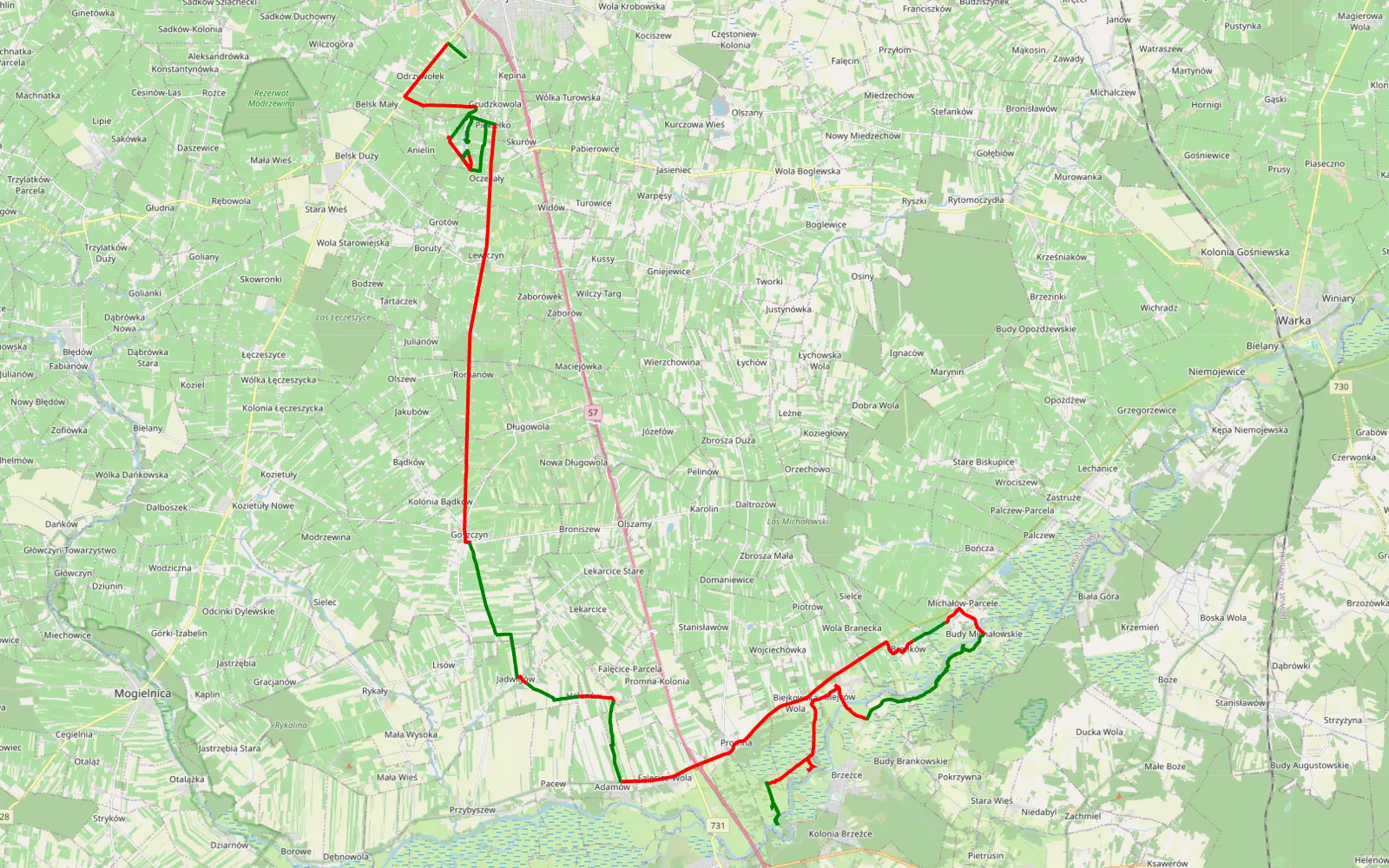 Mapa trasy Odrzywołek - Kolonia Brzeźce - 61.2 km trasy offroad, Powiat Grójecki