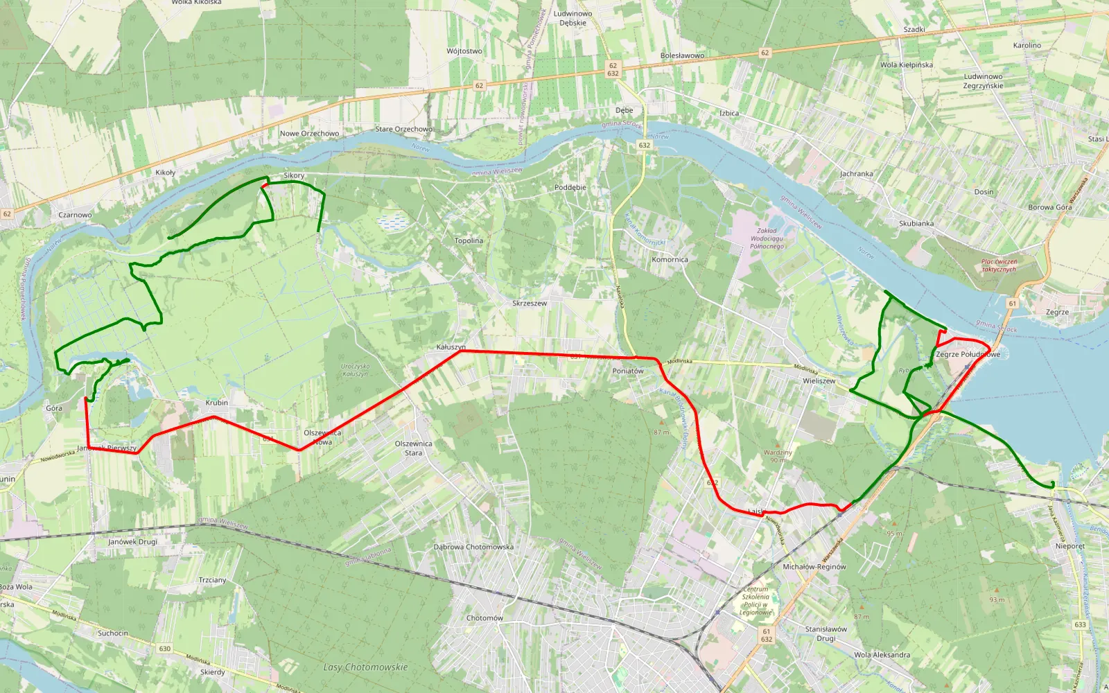 Mapa trasy Nieporęt - Sikory - 45.1 km trasy offroad, Powiat Legionowski