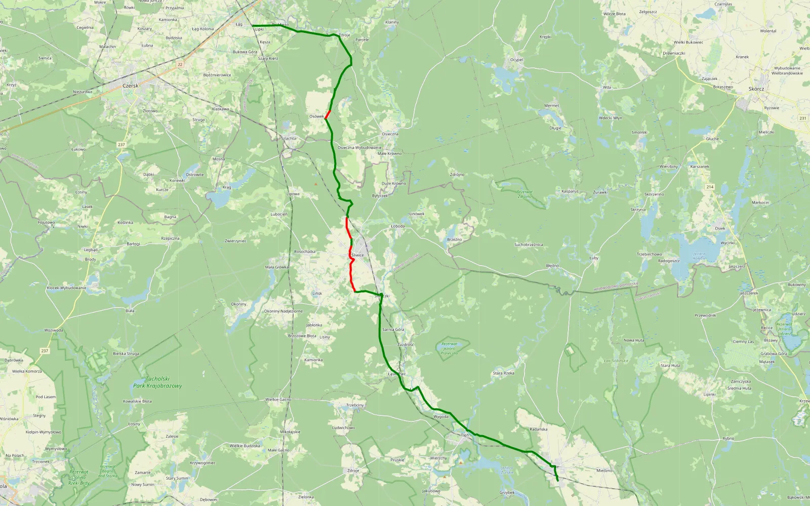 Mapa trasy Osie - Lipki - 16.4 km trasy offroad, Powiat Tucholski