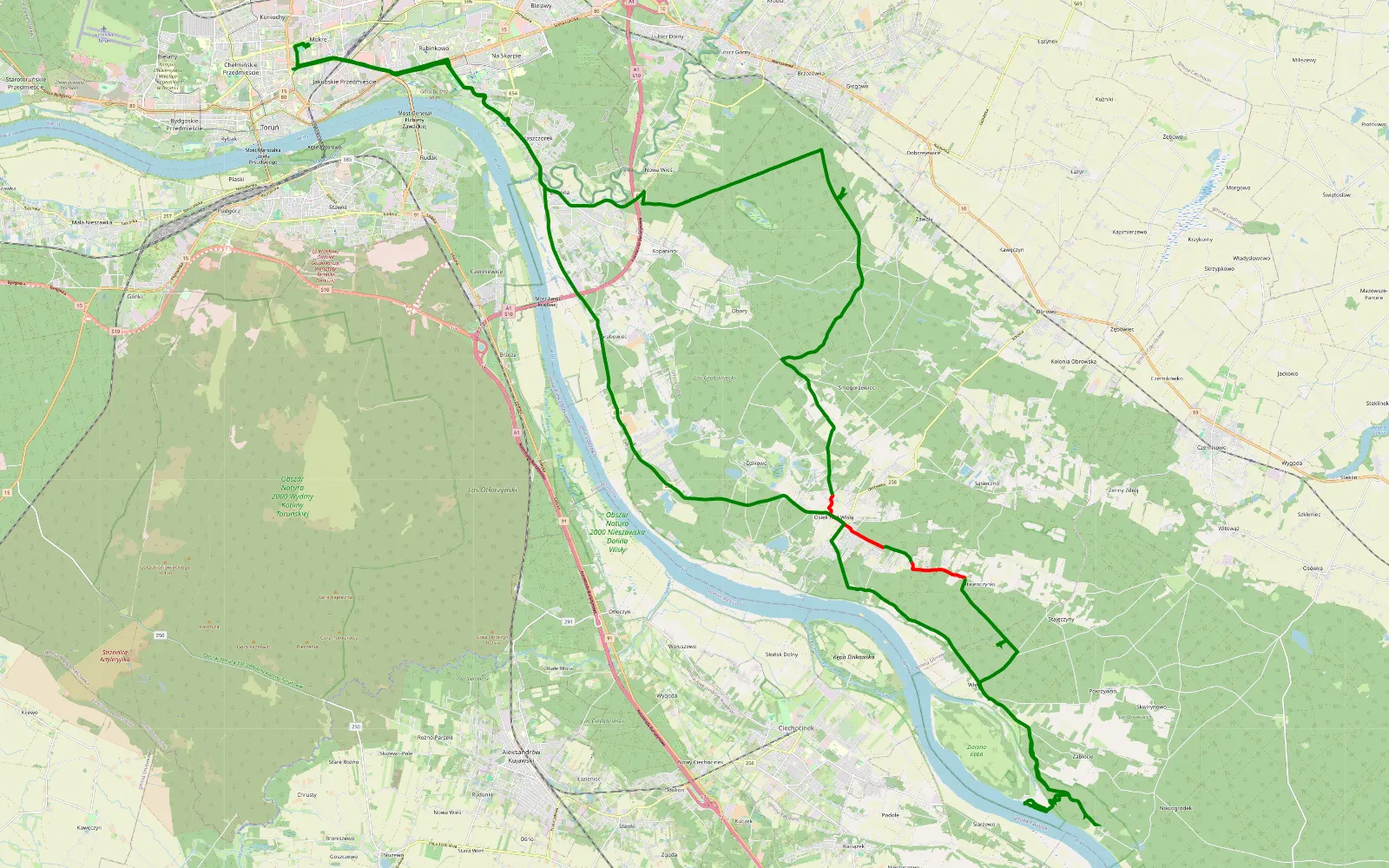 Mapa trasy Starorzecze Wisła - 39.9 km trasy offroad, Powiat Toruński