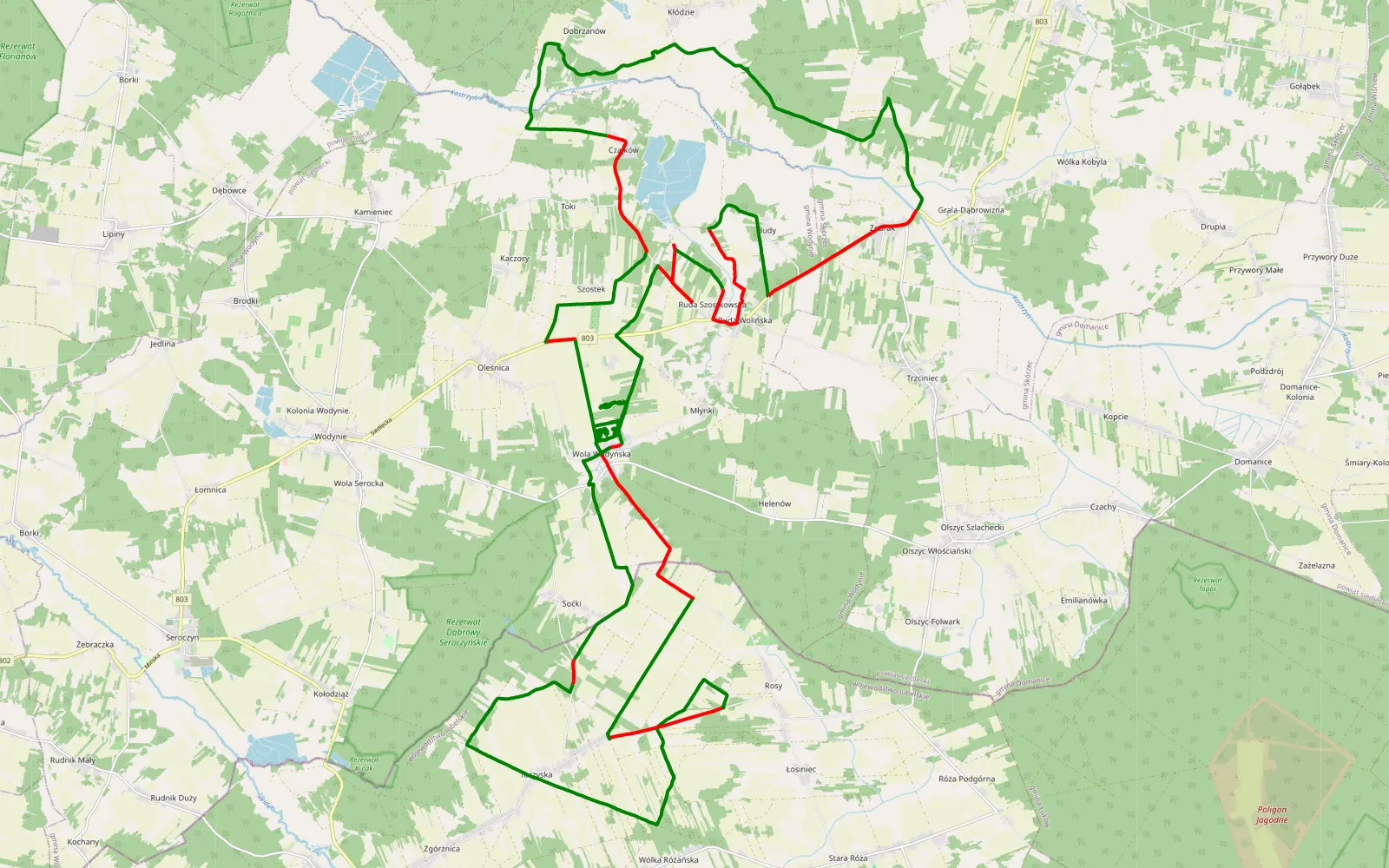 Mapa trasy Wola Wodyńska 3 miejsce - 62.9 km trasy offroad, Powiat Siedlecki