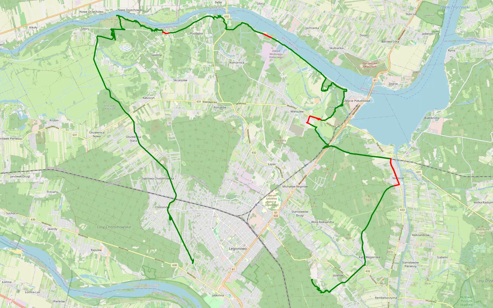 Mapa trasy Józefów - Cegielnia - 29 km trasy offroad, Powiat Legionowski