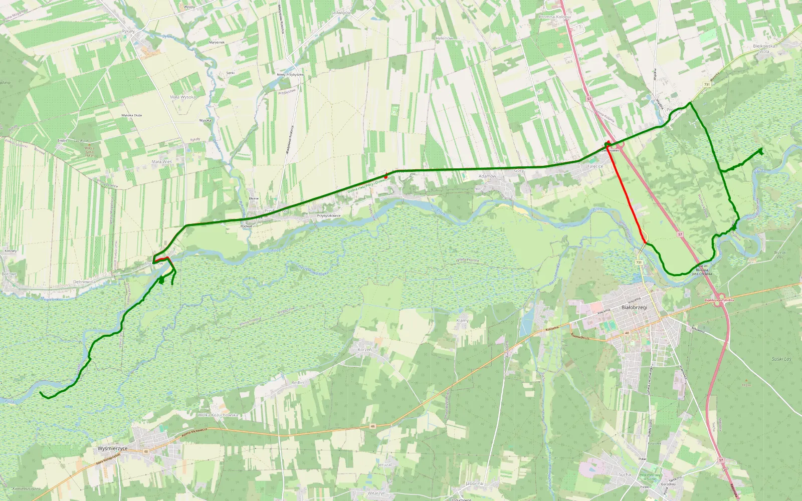 Mapa trasy Wyśmierzyce - Osuchów - 24.7 km trasy offroad, Powiat Białobrzeski