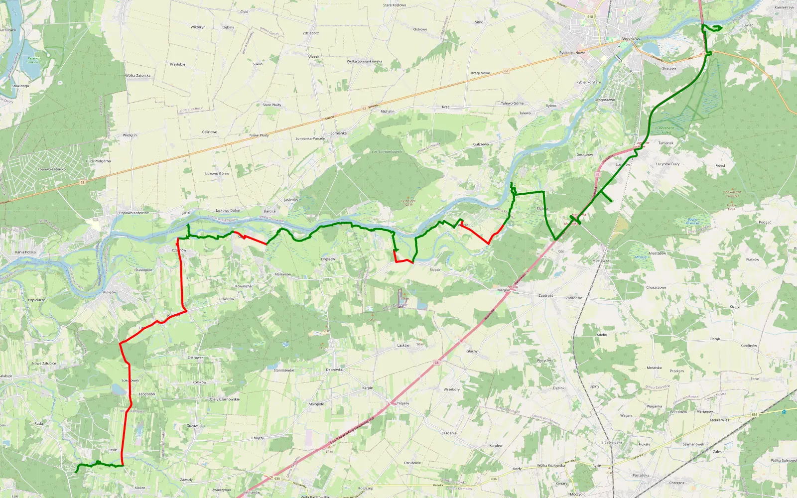 Mapa trasy Mokre Nowe - Turzyn - 35 km trasy offroad, Powiat Wołomiński