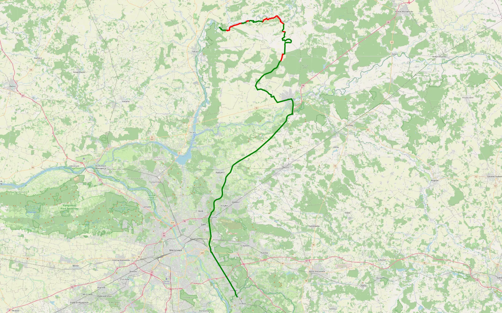 Map of Warszawa - Narew - 43.6 km offroad trail, Wyszków County