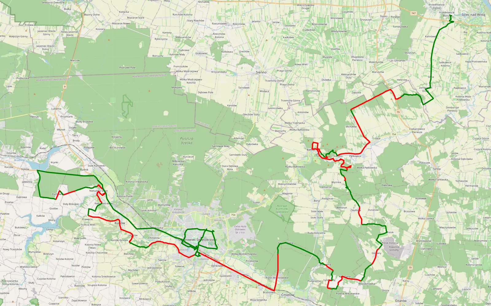 Map of Ostrowiec Świętokrzyski - 97.6 km offroad trail, Ostrowiec County