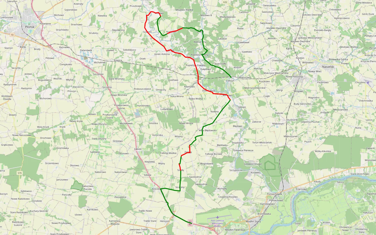Mapa trasy Zakroczym - Cieksyn - 37.4 km trasy offroad, Powiat Płoński