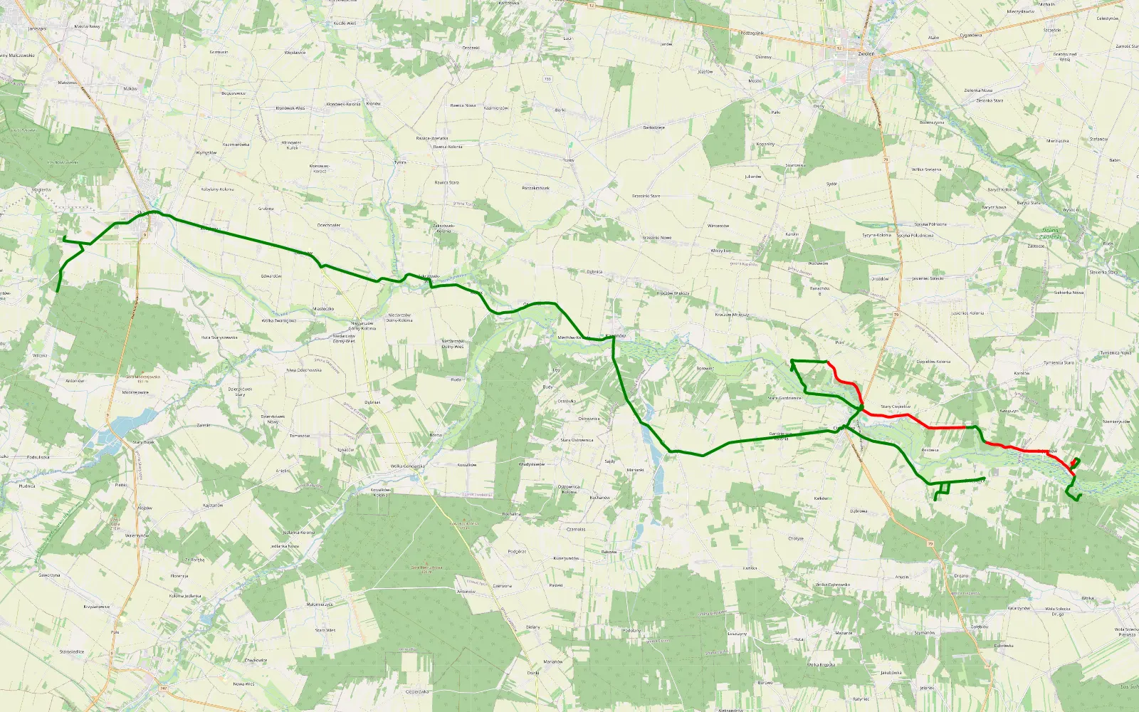 Mapa trasy Zajączków - Podolszyny - 17.4 km trasy offroad, Powiat Lipski