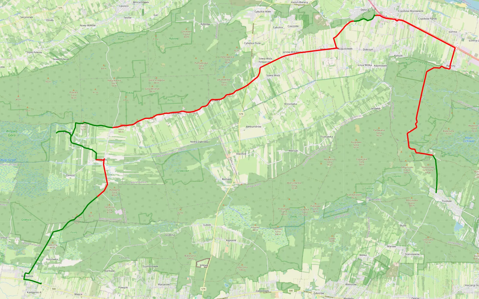 Mapa trasy Kampinos - Truskaw - 41.2 km trasy offroad, Powiat Nowodworski