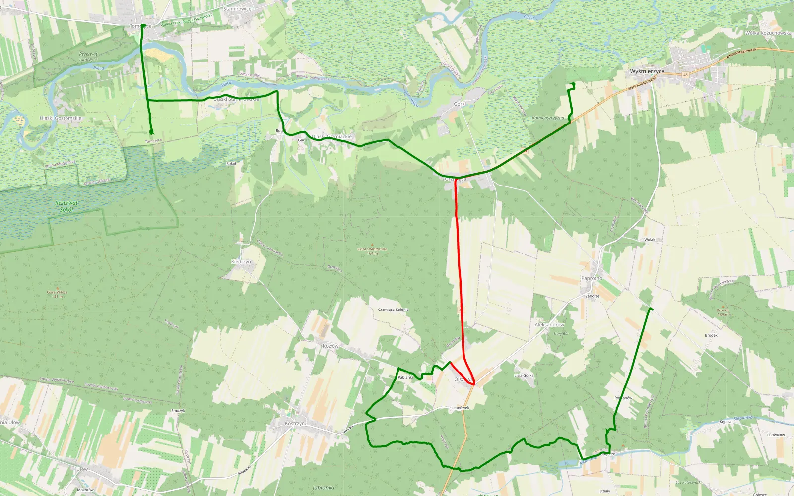 Mapa trasy Romanów - Tomczyce - 14.5 km trasy offroad, Powiat Białobrzeski