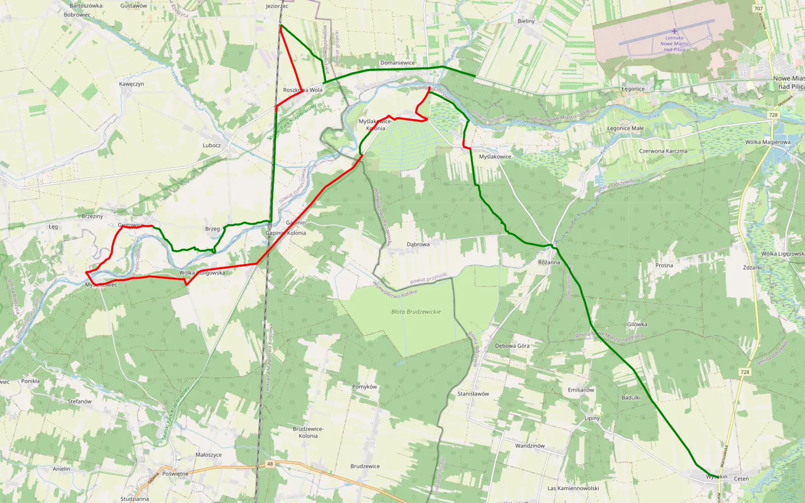 Mapa trasy Kobuz - Mysiakowiec - 29.4 km trasy offroad, Powiat Tomaszowski