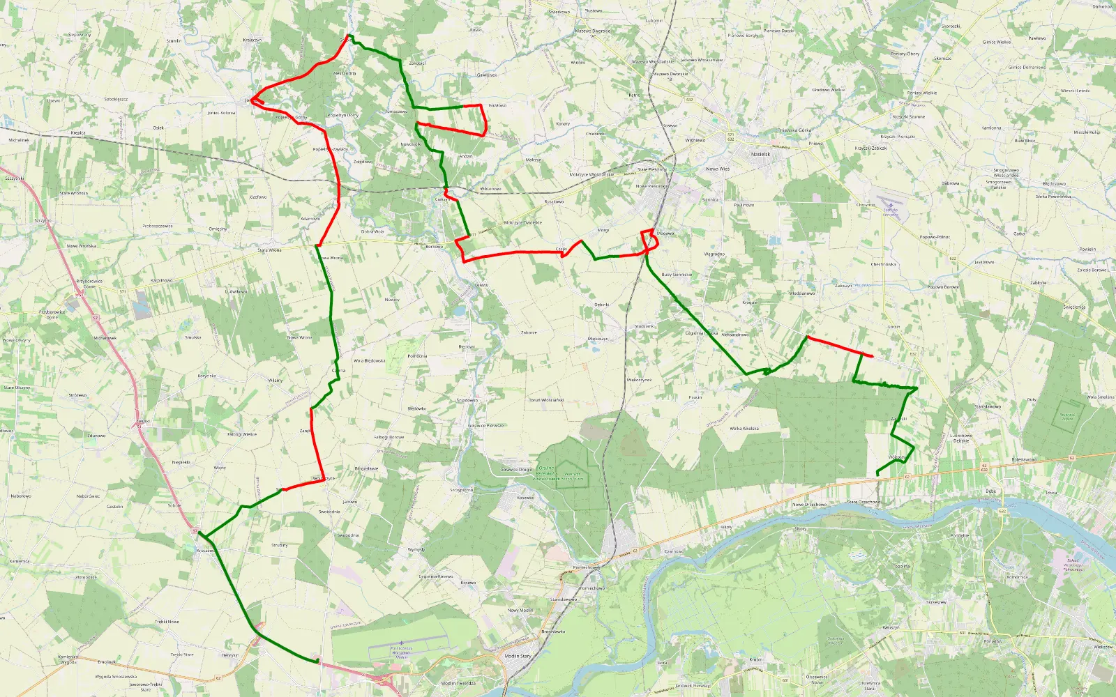 Mapa trasy Wierzby - 60.2 km trasy offroad, Powiat Nowodworski