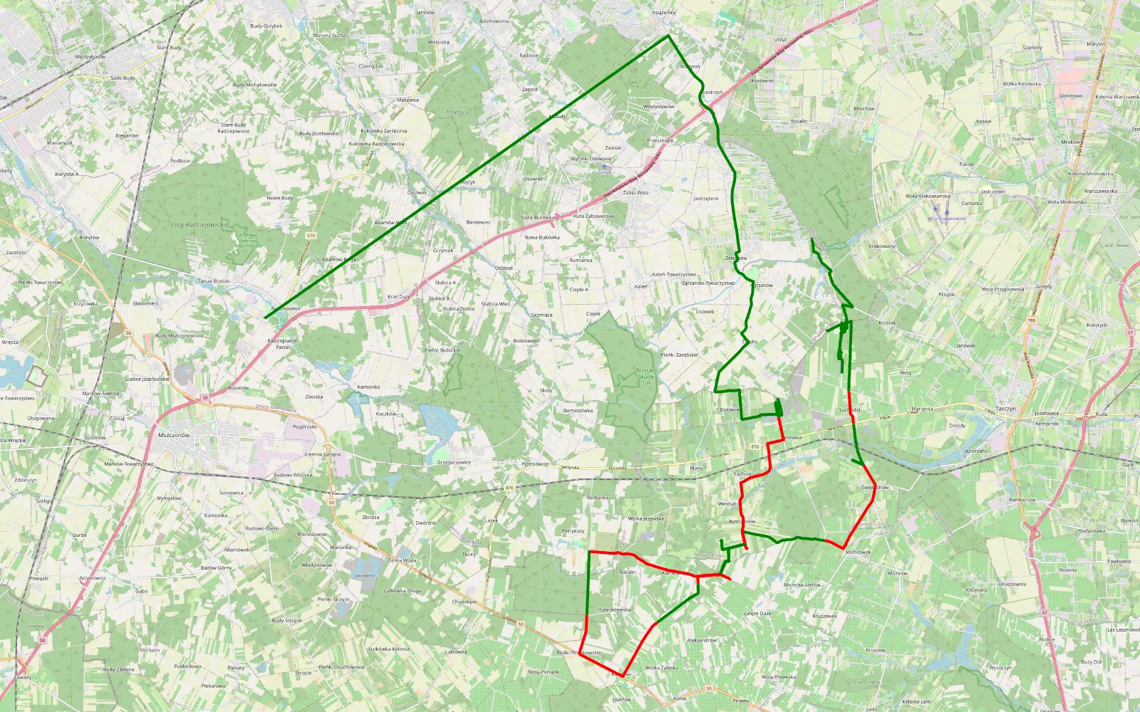 Map of Krakowiany - Radziejowice - 41.6 km offroad trail, Piaseczno County