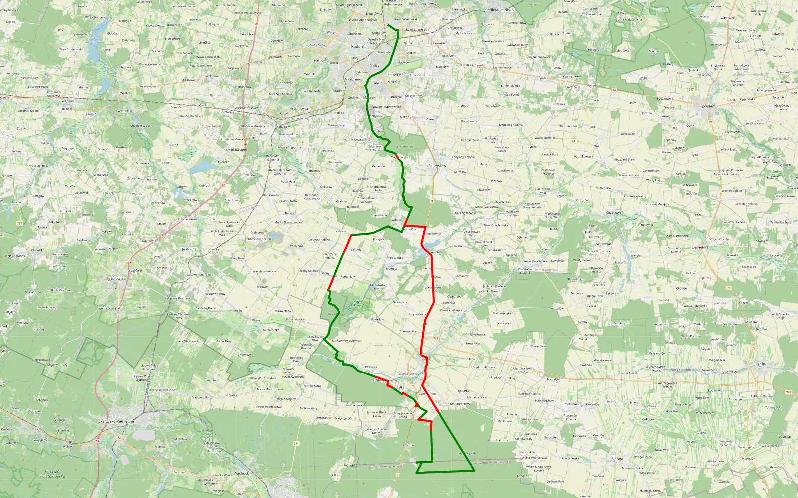Map of Antoniów - Gołębiów - 77.1 km offroad trail, Radom County