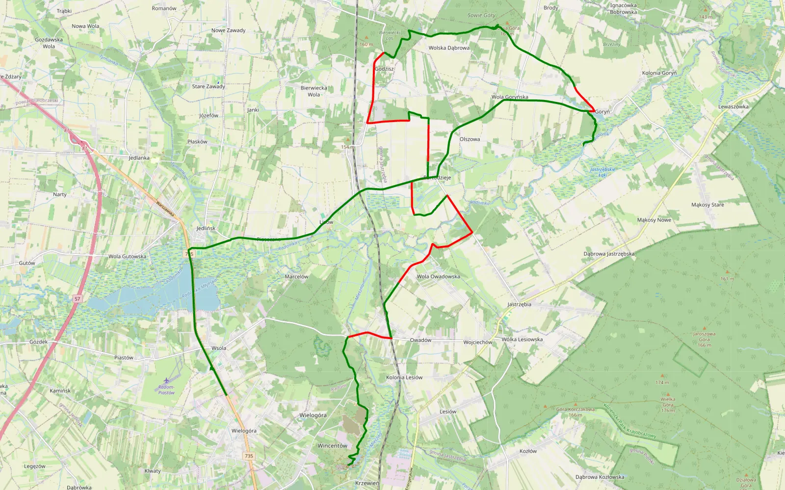 Mapa trasy Krzewień - Wsola : Mikołajki 4x4 - 27.8 km trasy offroad, Powiat Radomski
