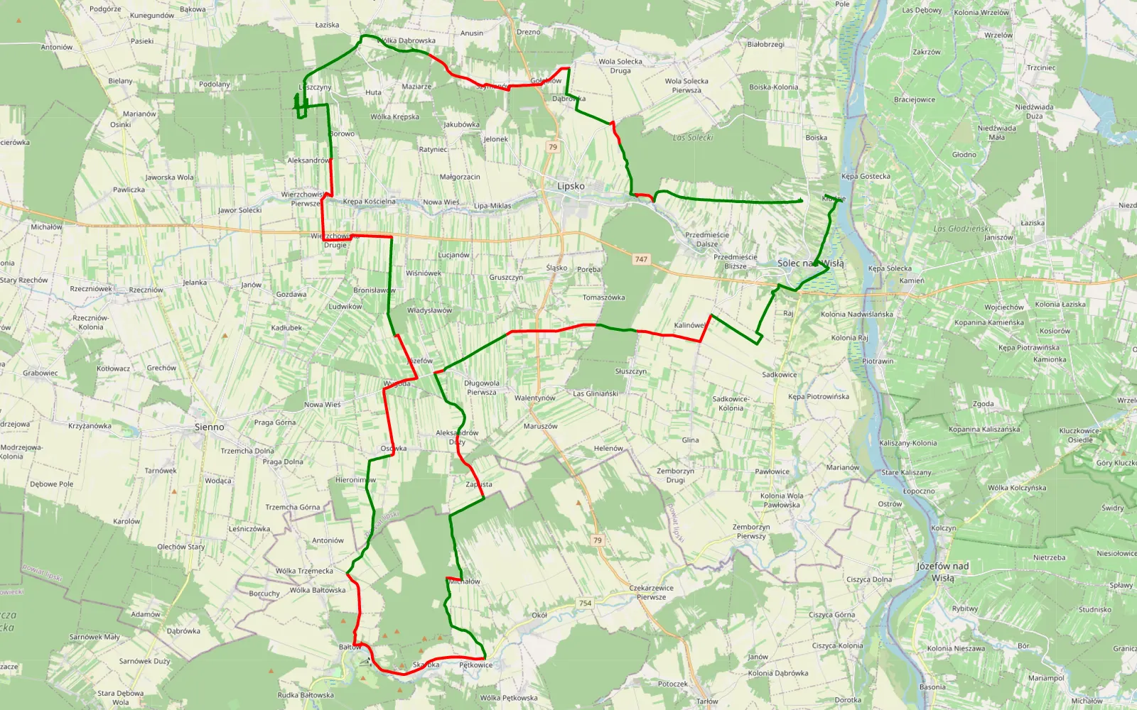 Mapa trasy Przedmieście Kłudzie Bałtów Solec - 85.7 km trasy offroad, Powiat Lipski