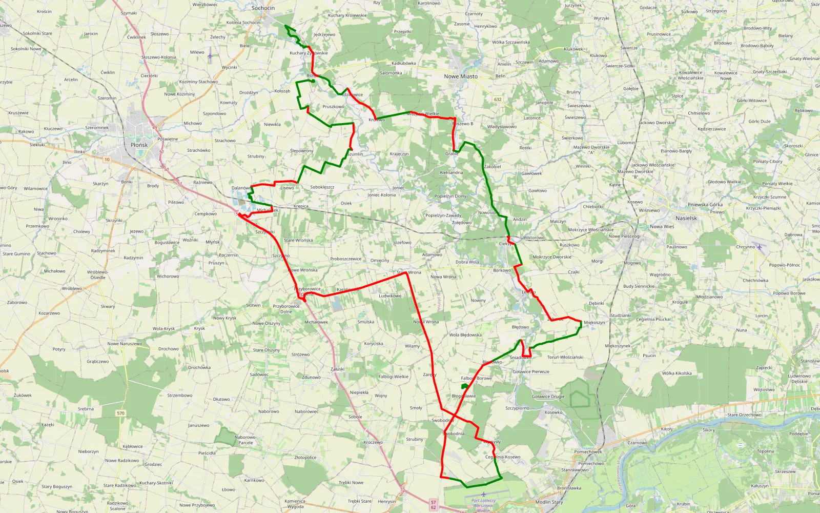 Mapa trasy Kuchary Żydowskie - Gromadzyn - 95 km trasy offroad, Powiat Płoński