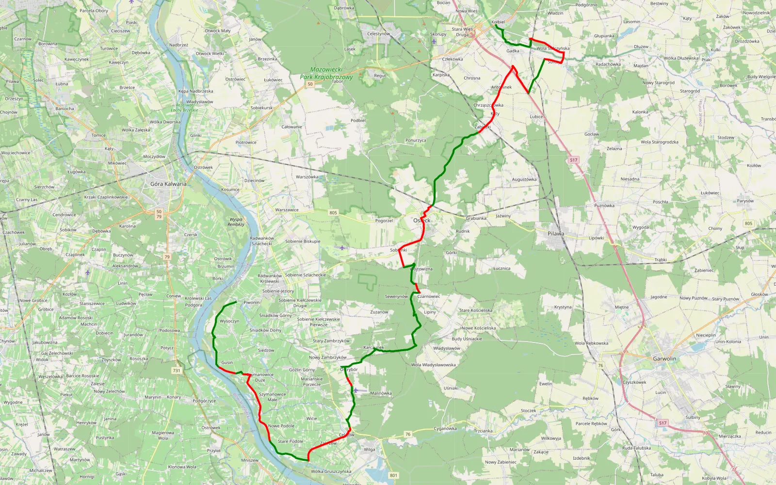 Mapa trasy Kołbiel - Piwonin - 56.3 km trasy offroad, Powiat Otwocki