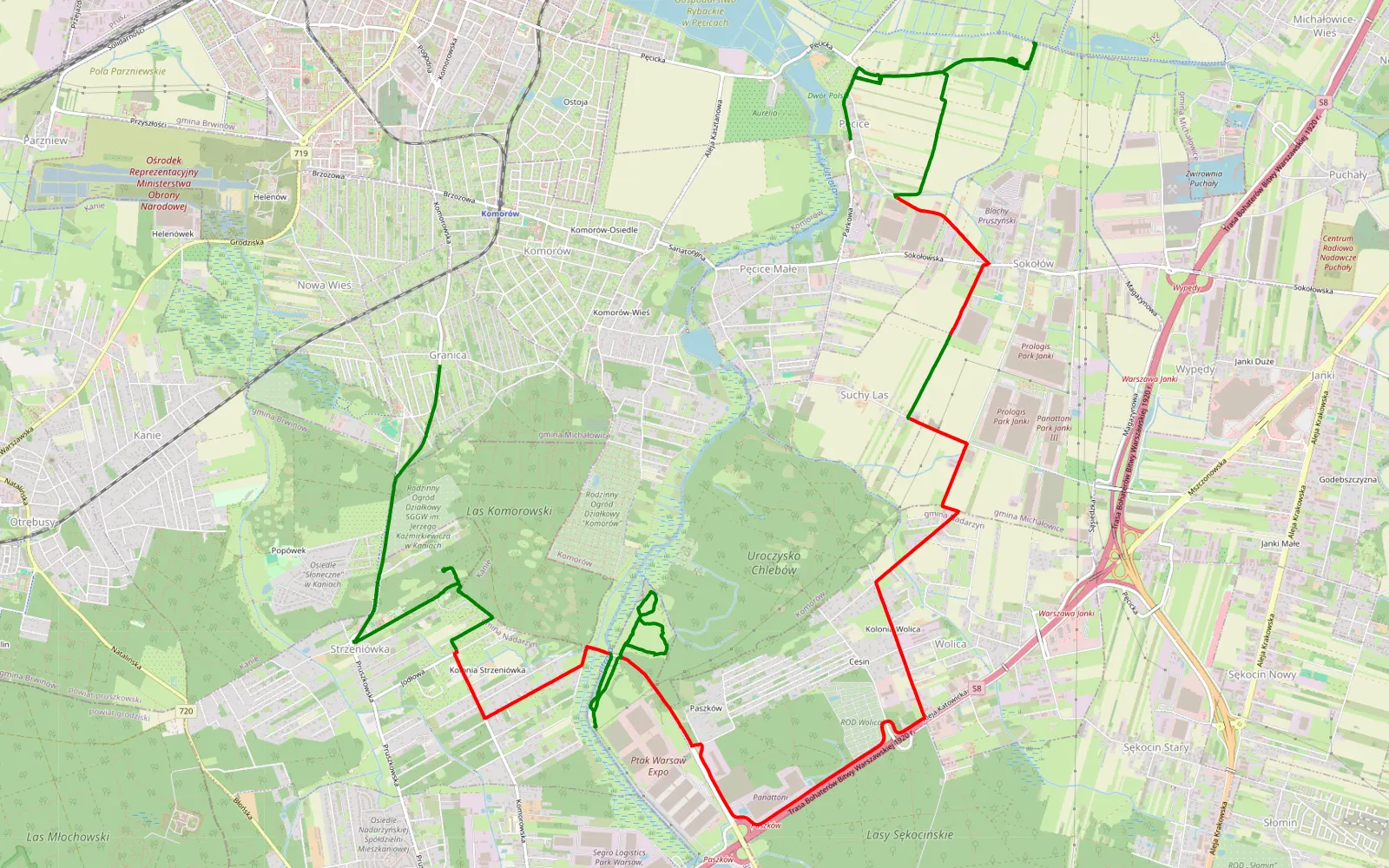 Map of Pęcice - Granica - 19 km offroad trail, Pruszków County