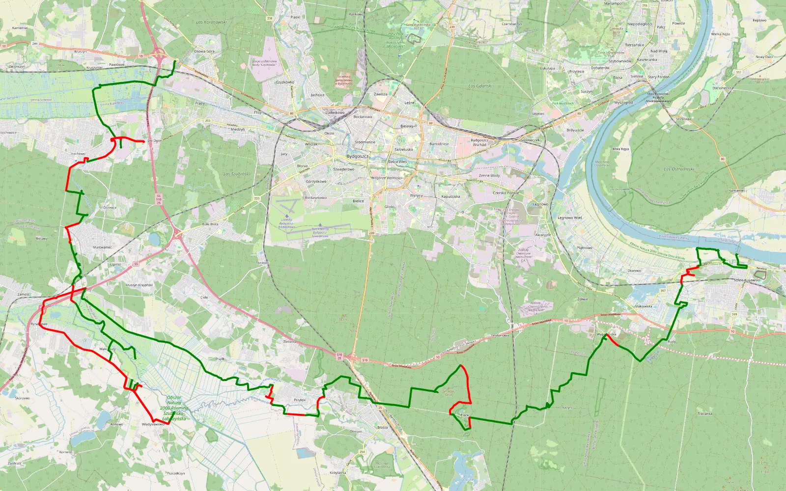 Mapa trasy Osowa Góra - Solec Kujawski - 87 km trasy offroad, Powiat Bydgoski