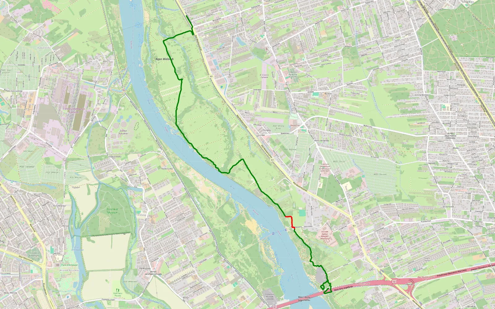 Map of Most południowy, przez plaża rom., Kępa wieloryb, wyjazd na wał miedz. - 6.8 km offroad trail, Warsaw