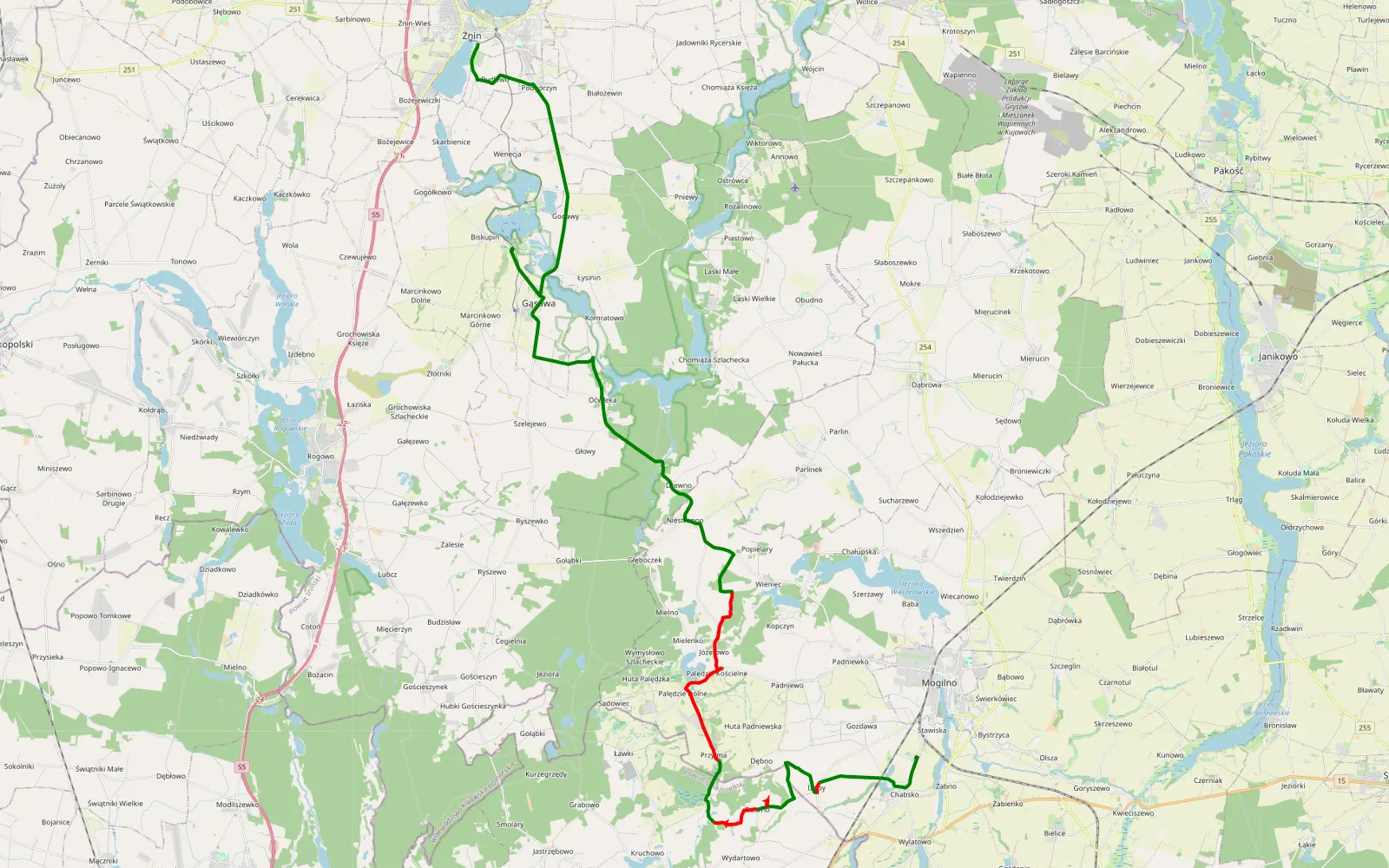 Map of Chabsko - Żnin - 19.9 km offroad trail, Mogilno County