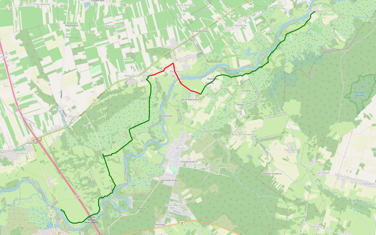 Mapa trasy Białobrzegi - Budy Michałowskie - 13.5 km trasy offroad, Powiat Białobrzeski