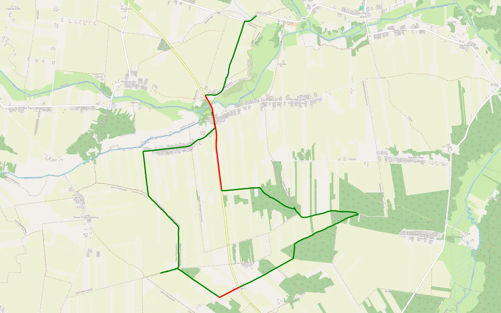 Mapa trasy Niedarczów Górny - Kolonia Niedarczów Górny - 10.5 km trasy offroad, Powiat Zwoleński
