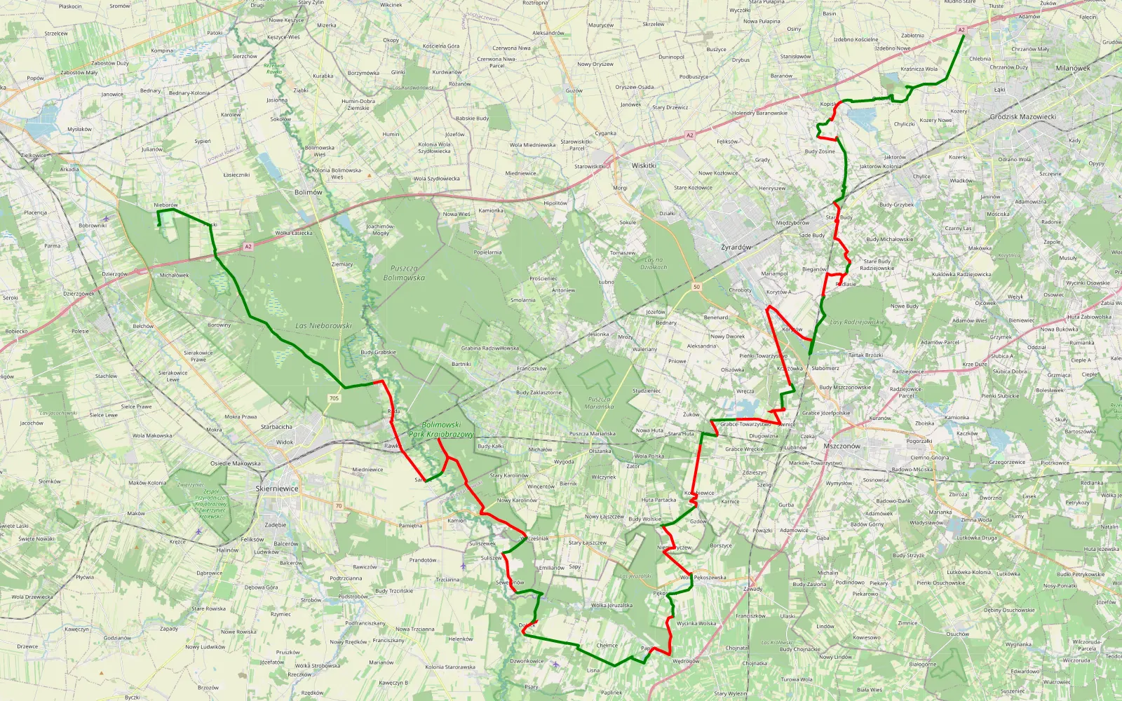 Mapa trasy Dąbrówka - Nieborów - 88.3 km trasy offroad, Powiat Skierniewicki