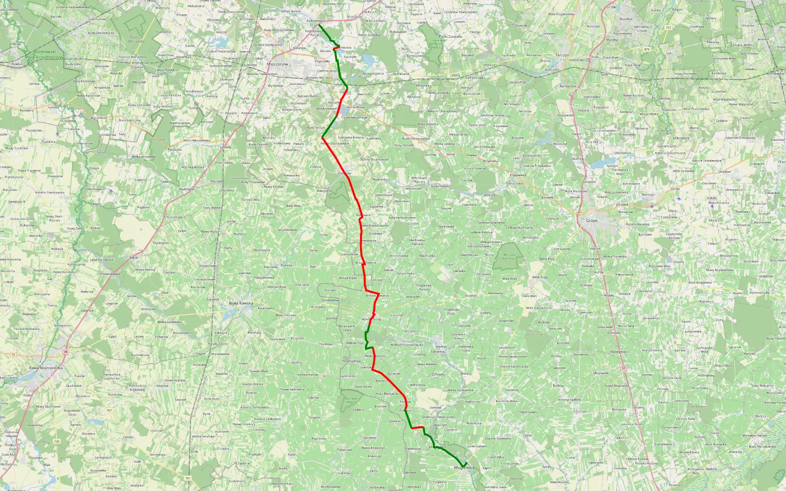 Mapa trasy Mogielnica-Radziejowice off - 39.3 km trasy offroad, Powiat Żyrardowski