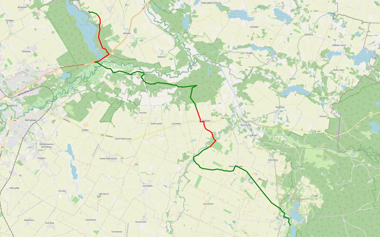 Mapa trasy Bachotek - Górzno - 19.2 km trasy offroad, Powiat Brodnicki
