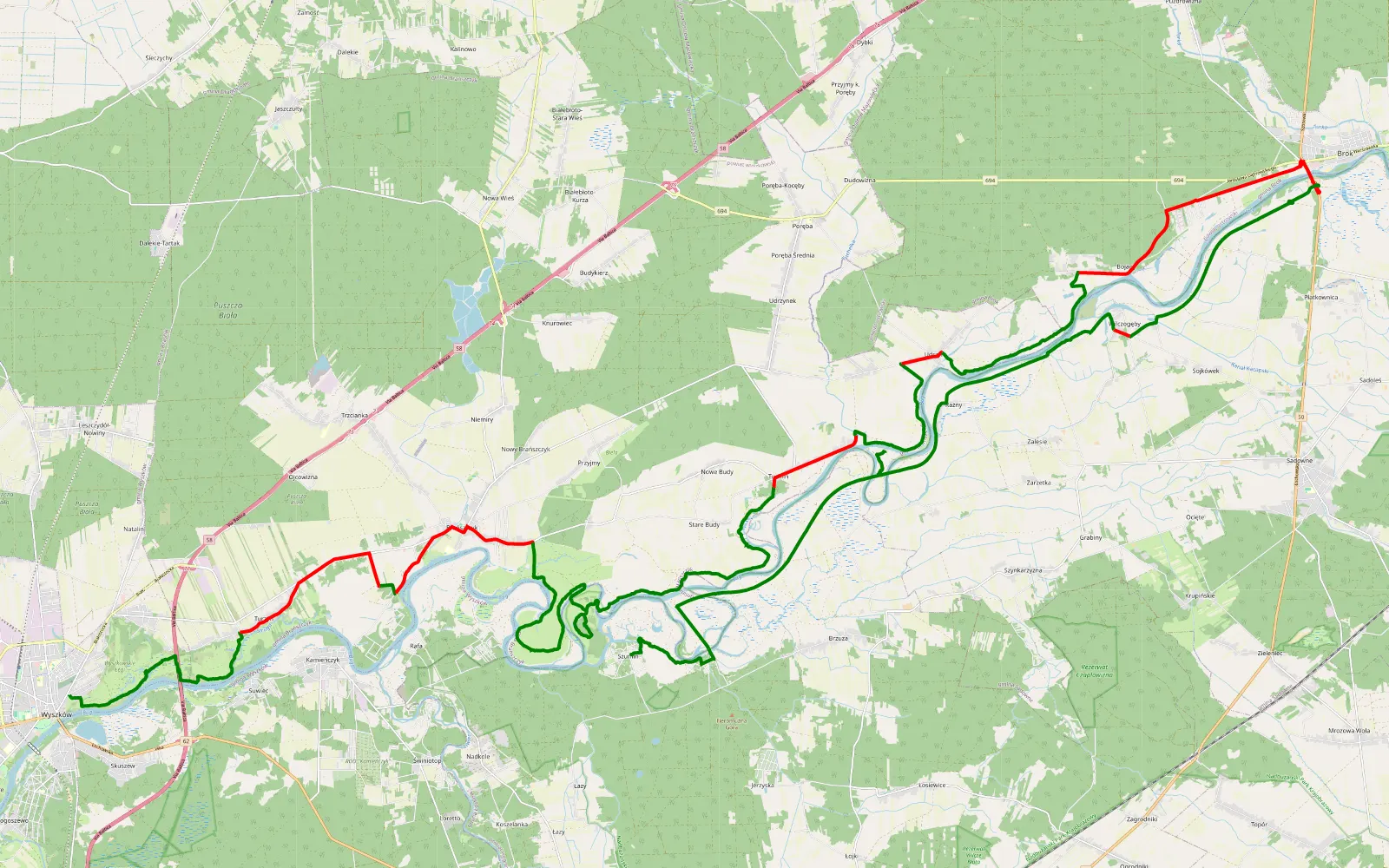 Mapa trasy Wyszków - Szumin mórg - 69.2 km trasy offroad, Powiat Wyszkowski