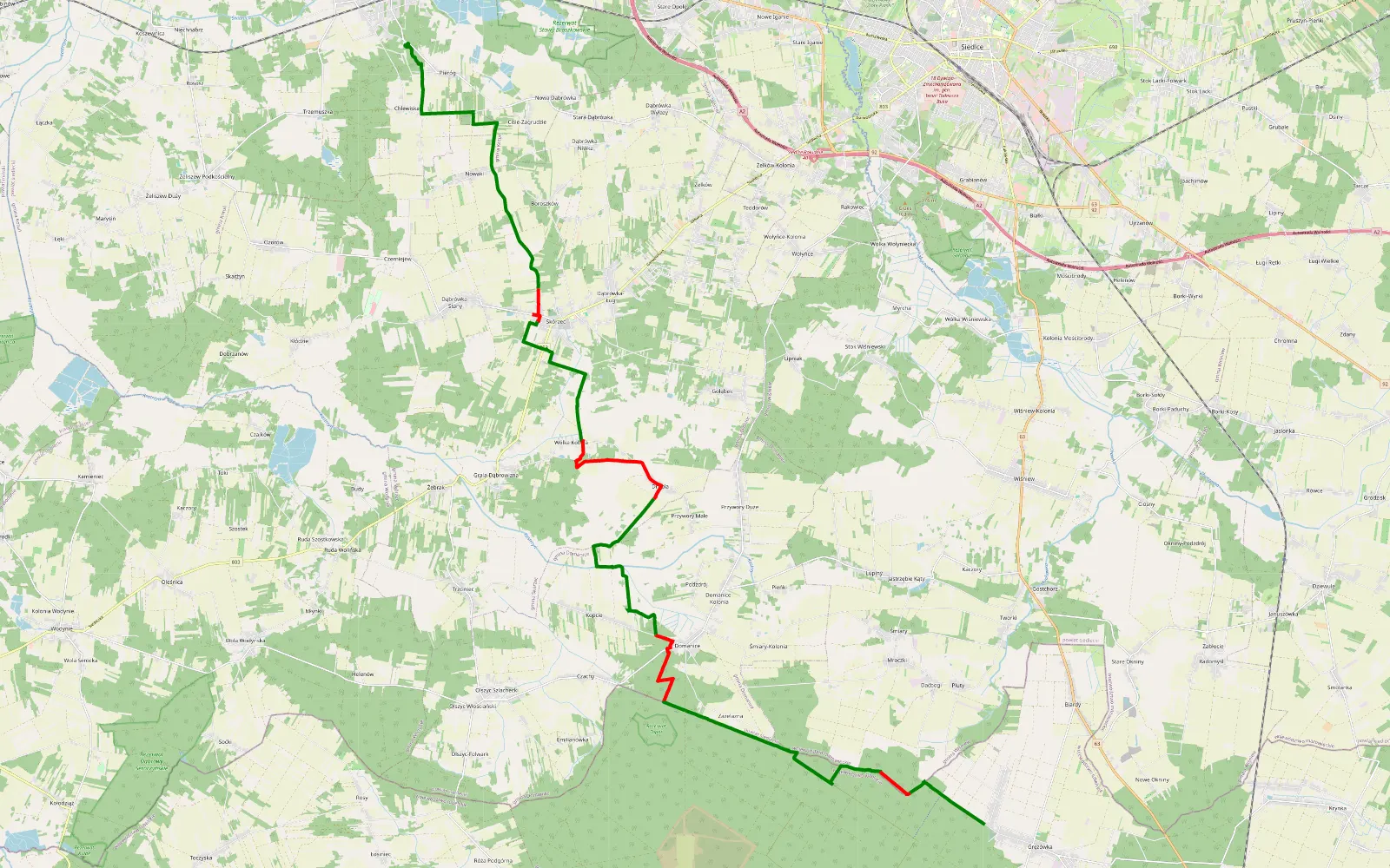 Mapa trasy Dojazd leśny - 32 km trasy offroad, Powiat Siedlecki