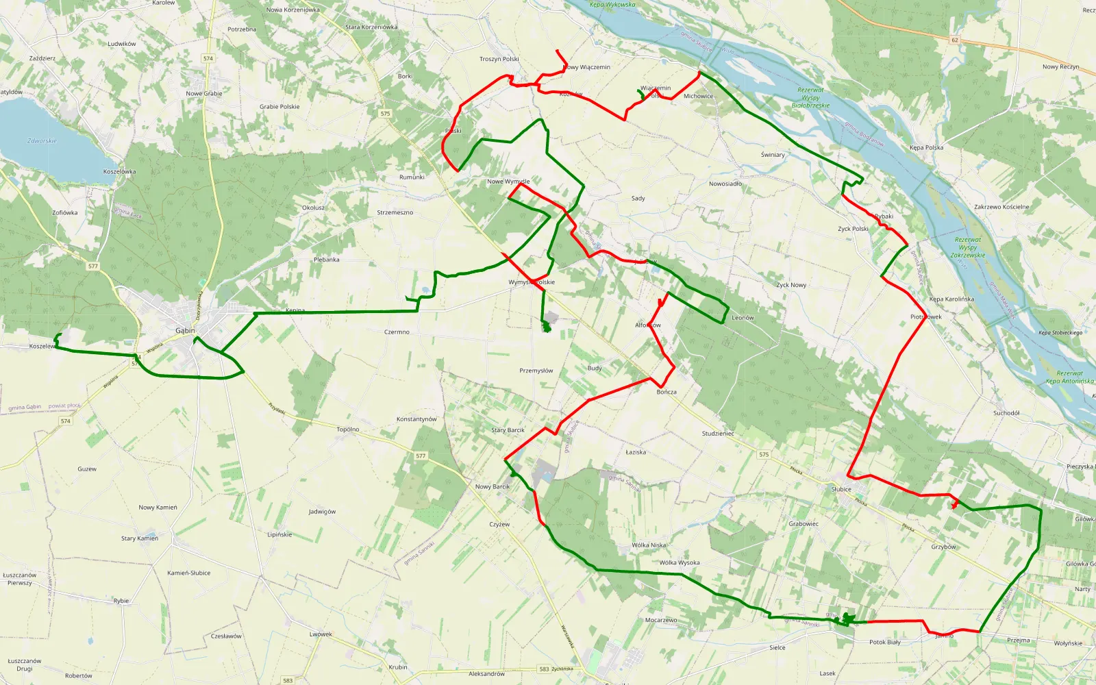 Mapa trasy Koszelew - 80 km trasy offroad, Powiat Płocki