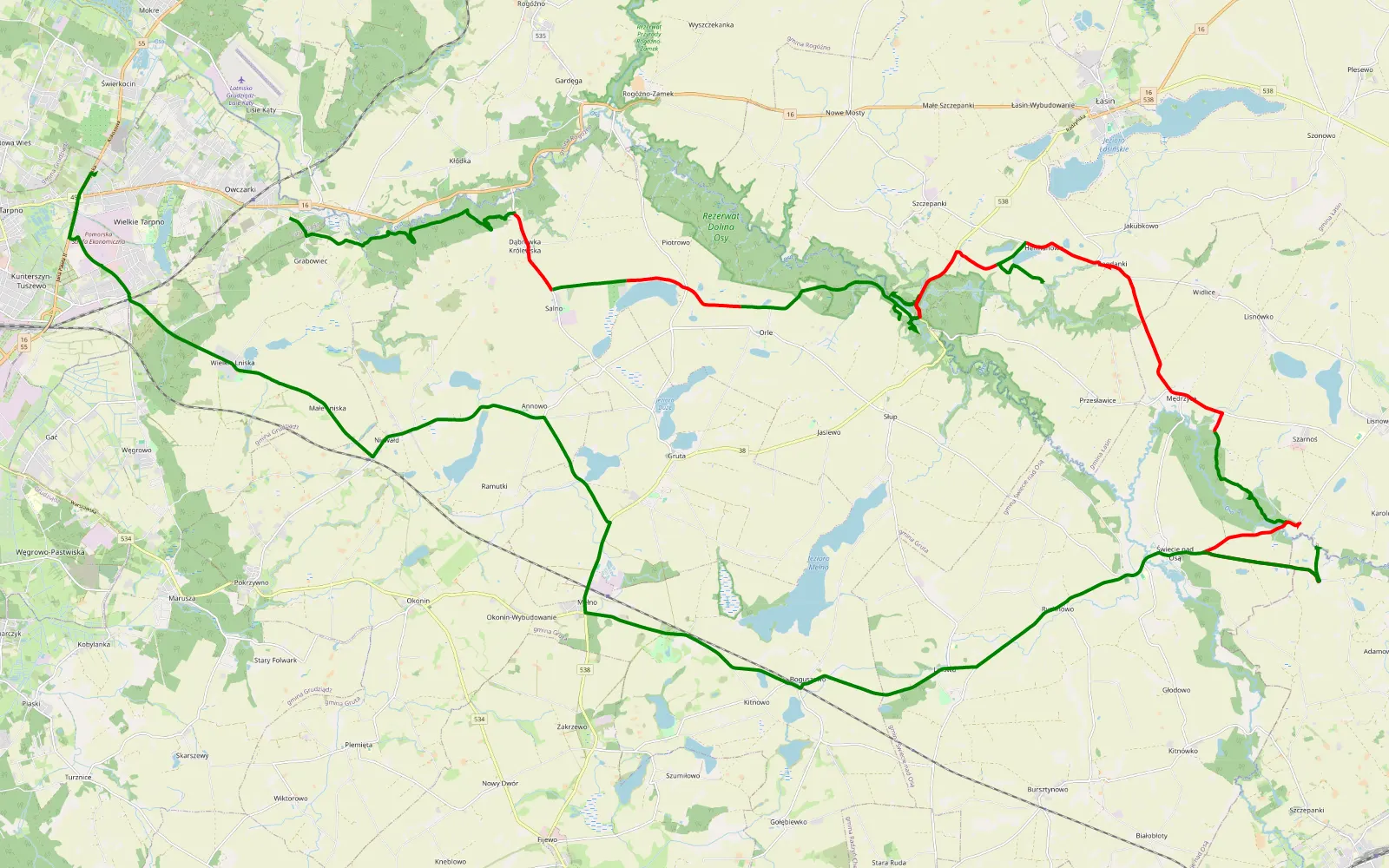 Mapa trasy Stanisławowo - Wielkie Tarpno - 39 km trasy offroad, Powiat Grudziądzki
