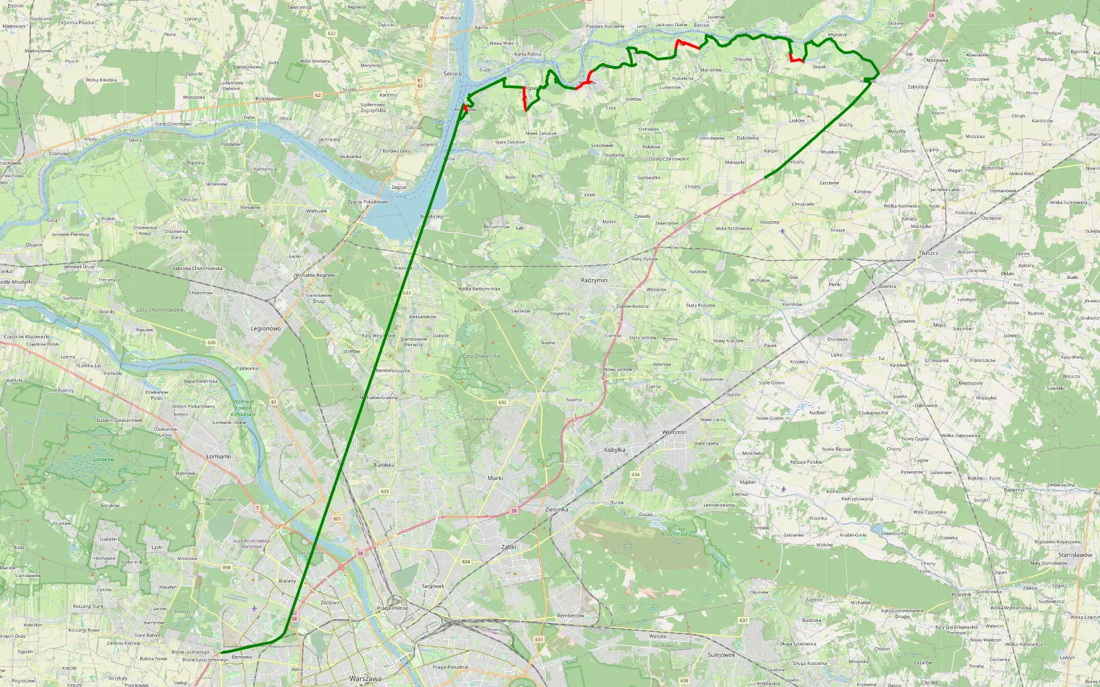 Map of Blizne Łaszczyńskiego - Karpin - 38.2 km offroad trail, Wołomin County