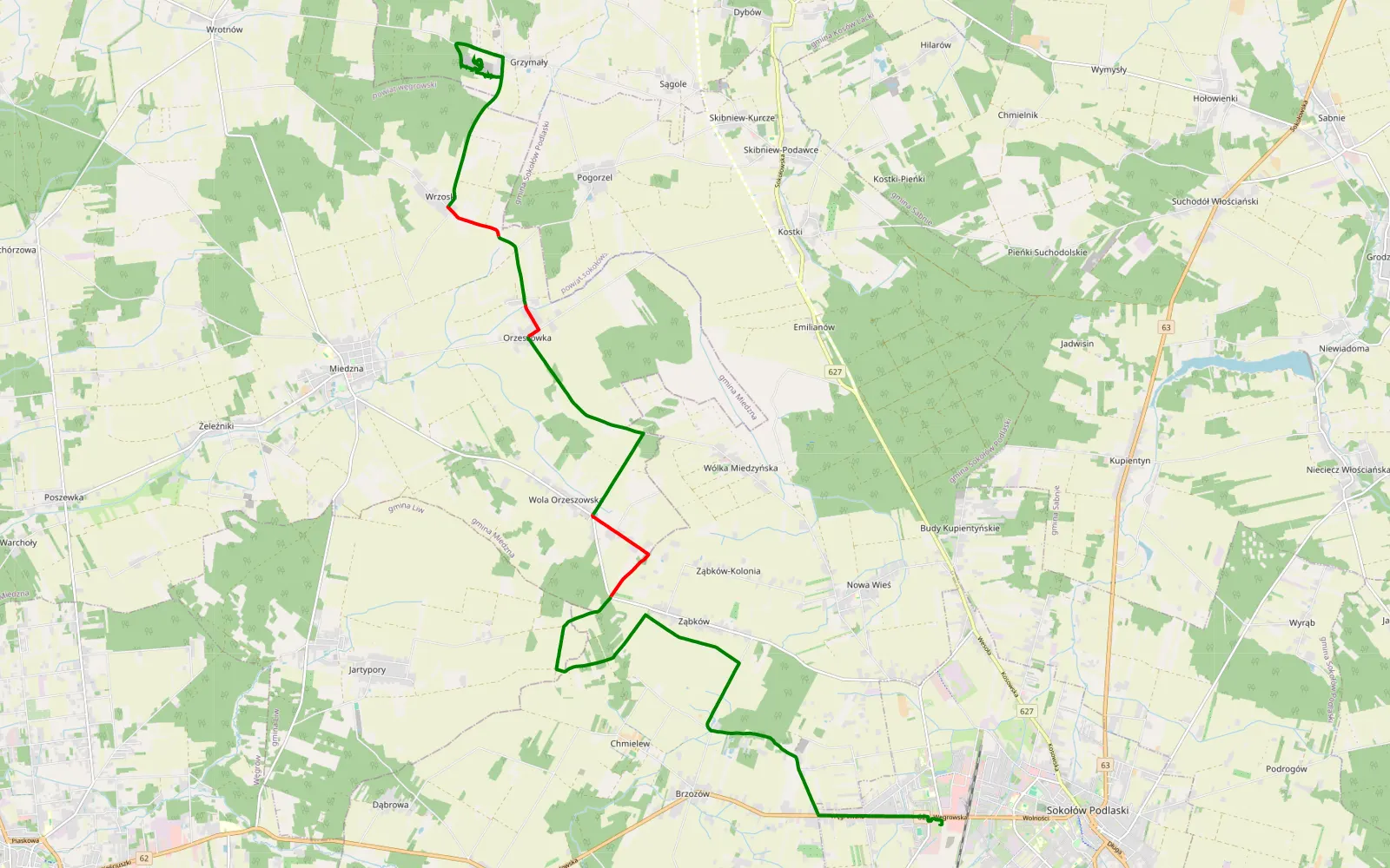 Mapa trasy Elżbietów - Grzymały - 24.2 km trasy offroad, Powiat Sokołowski