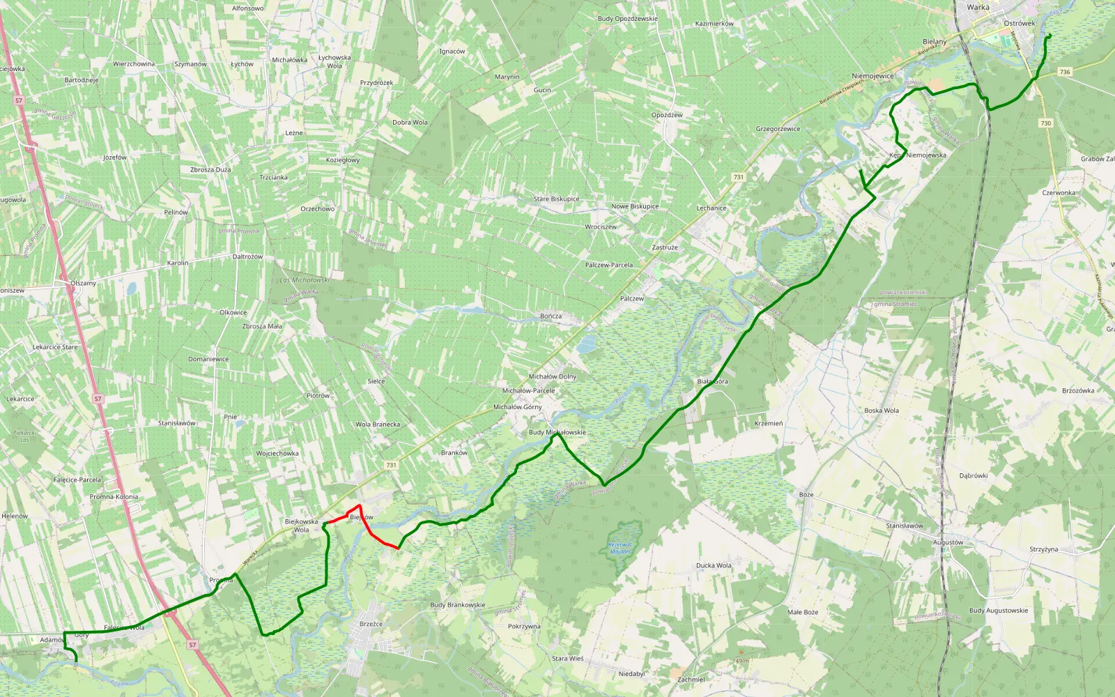 Map of Góry - Warka - 14.9 km offroad trail, Białobrzegi County